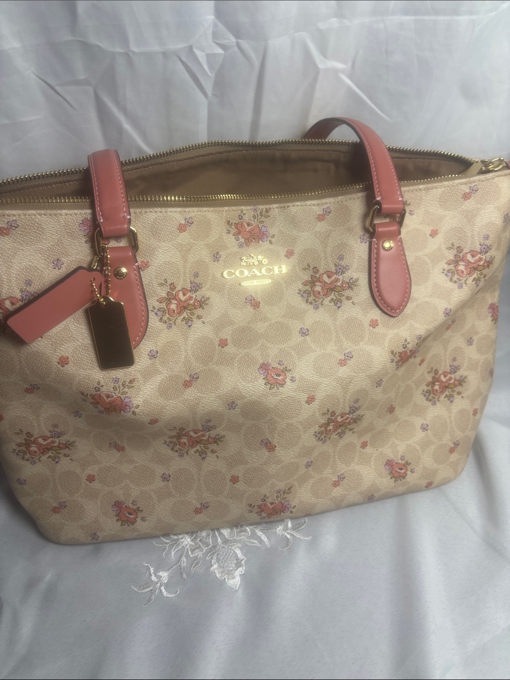 Coach Beige Floral Signature Tote with Pink Trim